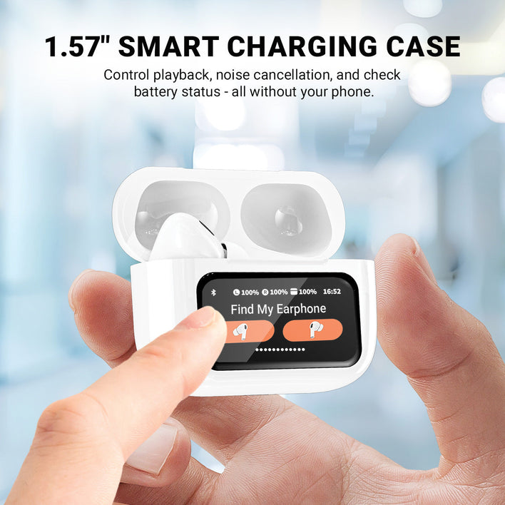 A hand holds the Kleva Range True Wireless Noise Cancelling AudioPods Pro with touchscreen charging case, showing Find My Earphone and battery status on the 1.57" display. The blurred indoor background highlights the smart case features.
