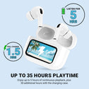 A pair of Kleva Range True Wireless Noise Cancelling AudioPods Pro with touchscreen charging case are shown. Enjoy up to 5 hours listening per charge, a 1.5-hour full charge, and up to 35 hours total playtime.