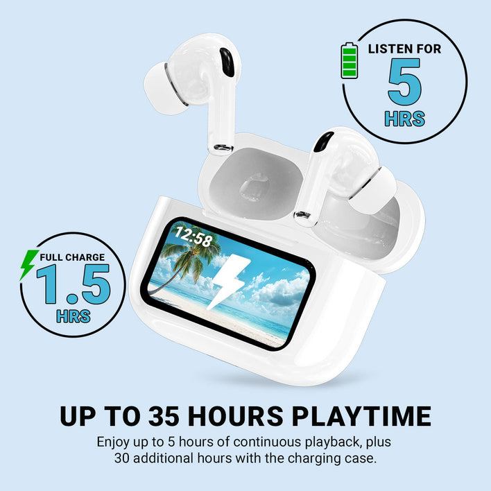 A pair of Kleva Range True Wireless Noise Cancelling AudioPods Pro with touchscreen charging case are shown. Enjoy up to 5 hours listening per charge, a 1.5-hour full charge, and up to 35 hours total playtime.