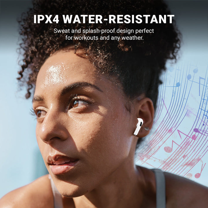 A woman with sweaty skin wears Kleva Range True Wireless Noise Cancelling AudioPods Pro. Text reads, IPX4 WATER-RESISTANT. Sweat & splash-proof—ideal for workouts or any weather. Colorful musical notes fill the background.