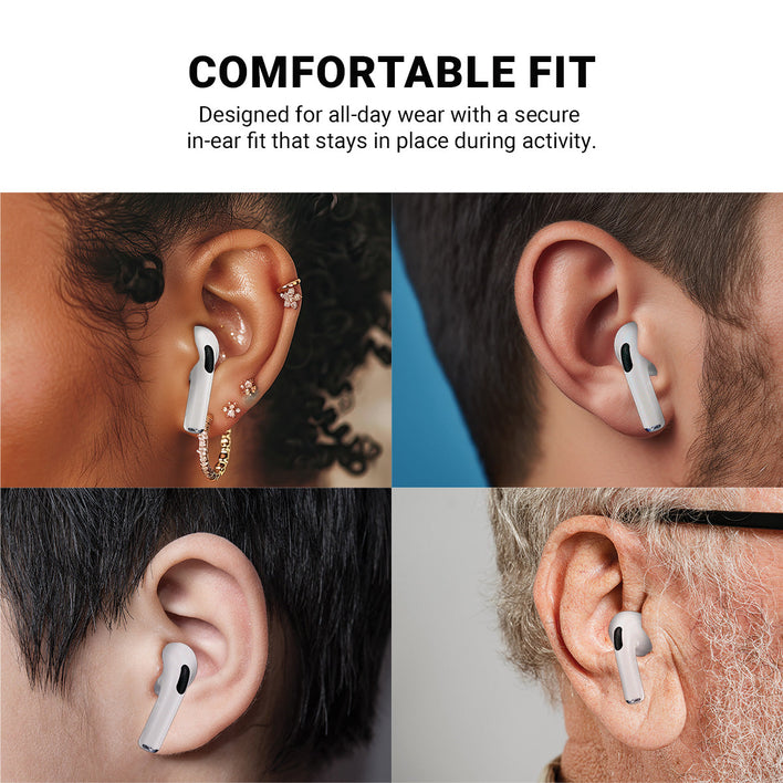 Four close-up images show diverse ears wearing the same Kleva Range True Wireless Noise Cancelling AudioPods Pro, highlighting a secure, comfortable fit. Text above: All-day comfort and active noise cancellation—ideal for any activity.