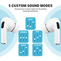 Image shows two white Kleva Range True Wireless Noise Cancelling AudioPods Pro with Touch Screen & Charging Case. Center text reads "5 Custom Sound Modes" with icons for Jazz, Normal, Pop, Rock, and Classic audio presets. Features active noise cancellation.