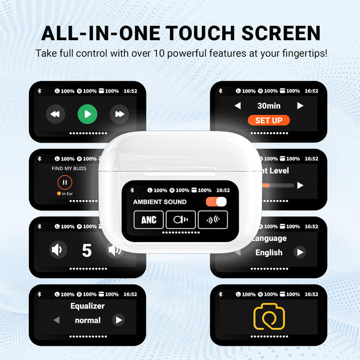 A Kleva Range True Wireless Noise Cancelling AudioPods Pro with Touch Screen & Charging Case is centered, surrounded by nine charging case screens displaying features like noise cancellation, ambient sound, volume, EQ, and playback controls.