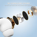 A digital illustration displays the internal parts of a Kleva Range True Wireless Noise Cancelling AudioPods Pro with Touch Screen & Charging Case, featuring circular elements, gold rings, "3D Surround Sound," and dynamic audio text on a light blue background.