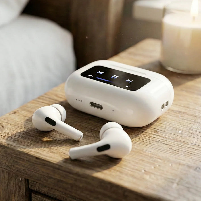 A pair of white Kleva Range True Wireless Noise Cancelling AudioPods Pro with an open touchscreen charging case showing a beach scene, 12:58 time, battery status, and the product name in the top left corner.