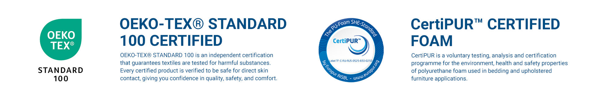 Image showing certification logos and descriptions: OEKO-TEX Standard 100, indicating product safety testing; and CertiPUR Certified Foam, indicating foam that meets environmental and safety standards.