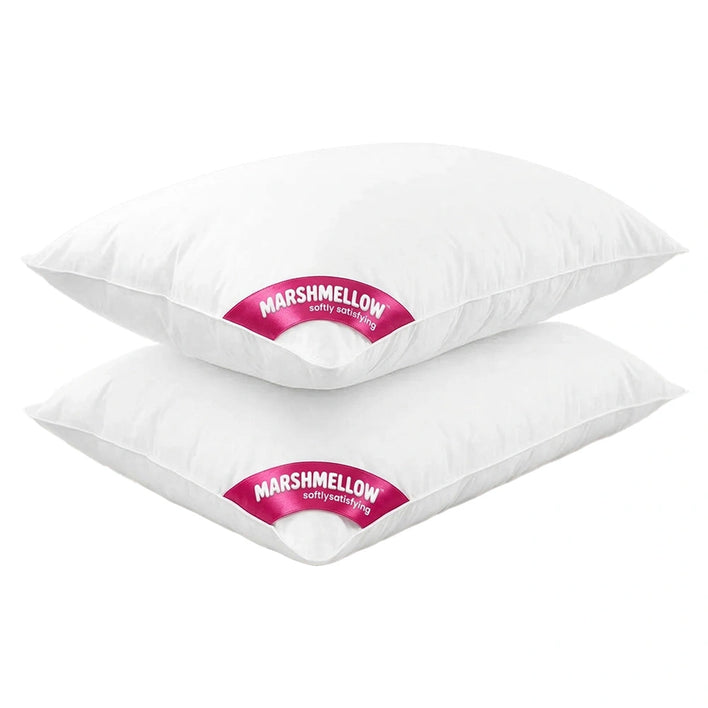 Two white Super Sleeper Pro Marshmellow™ Hotel Pillows, each with a pink "softly satisfying" label, are stacked together. Get this 100% off BOGO bundle—perfect as a free gift or to share, from BOGOS.io.