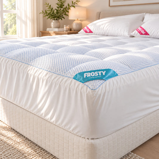A white quilted mattress topper with a blue mesh top layer and a blue Frosty brand tag, shown on a bed in a bright, modern bedroom.