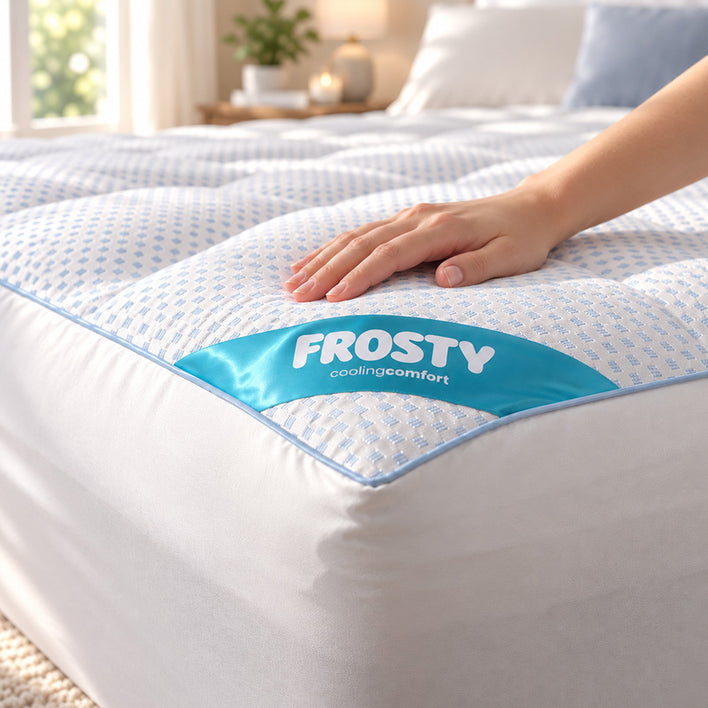 A close-up of a white quilted mattress topper with a light blue pattern, featuring a bright blue label that reads 'FROSTY coolingcomfort'. A person's hand is resting on the surface to demonstrate its cool texture.