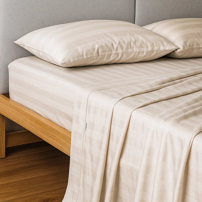 A neatly made bed features Super Sleeper Pro’s Buy 1 Get 1 FREE: Royal Deluxe Imperial Dream Sheets™ Cotton Sateen 1200TC 4pc Set, draping elegantly over a light wooden frame with two matching pillows, against a gray padded headboard. Free organiser bands included.