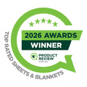 A green and white badge with five stars and the ProductReview.com.au logo reads 2026 Awards Winner, next to “Top Rated Luxury Buy 1 Get 1 FREE: Royal Deluxe Imperial Dream Sheets™ by Super Sleeper Pro.”.