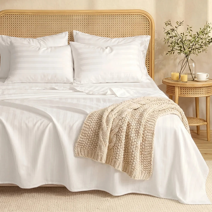 A neatly made bed features the Super Sleeper Pro Royal Deluxe Imperial Dream Sheets™ Cotton Sateen 1200TC 4pc Bedding Set with organiser bands, three pillows, a rattan headboard, cream knit blanket, and a side table with vase, cups, and teapot.
