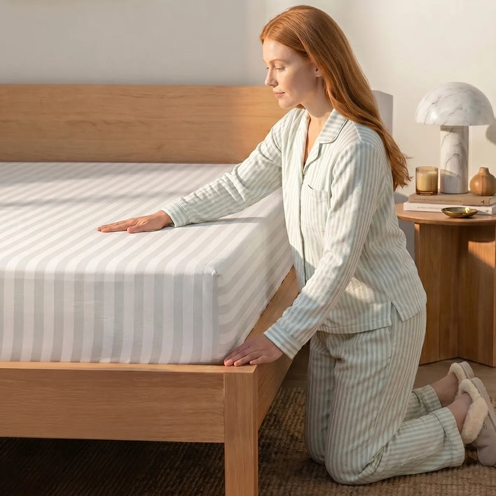 A woman in striped pajamas kneels by a wooden bed, smoothing a Super Sleeper Pro Royal Deluxe Imperial Dream Sheets™ Cotton Sateen 1200TC 4pc Bedding Set with free organiser bands. A nightstand with a lamp, books, and decor is in the background.