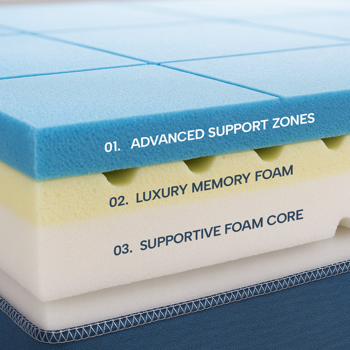 A cross-section of the Super Sleeper Pro #1 Customer Choice Straight 2 Sleep® Mattress Topper with Cooling Technology + Bonus FREE Pillows shows three labeled layers: blue “Advanced Support Zones,” yellow “Luxury Memory Foam,” and white “Supportive Foam Core.”.