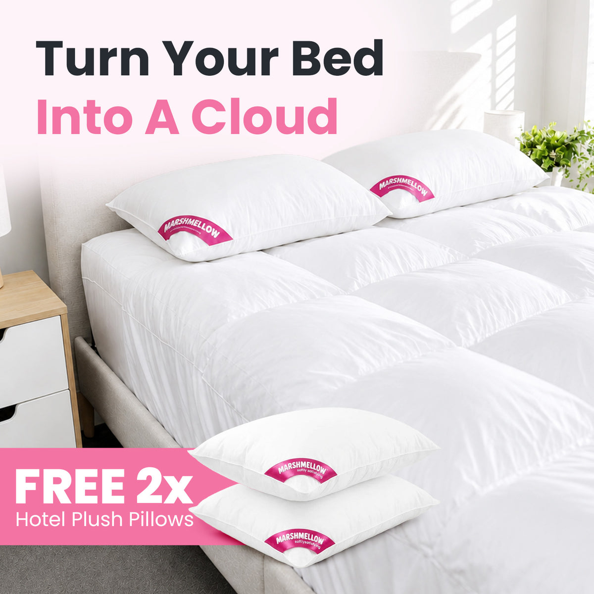 A made bed with the Marshmellow topper and the two hotel plush pillows that come in the same box
