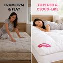 A split-screen comparison showing a mattress topper or mattress transformation. The left panel shows a woman pressing down a tufted mattress with the text 'FROM FIRM & FLAT'.