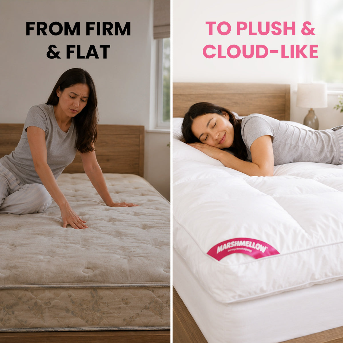 The same bed before and after: firm and flat on the left, then the Marshmellow topper on it and a woman asleep on the right