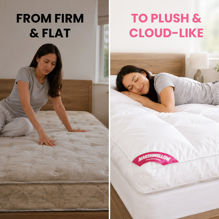 A split-screen comparison showing a mattress topper or mattress transformation. The left panel shows a woman pressing down a tufted mattress with the text 'FROM FIRM & FLAT'.