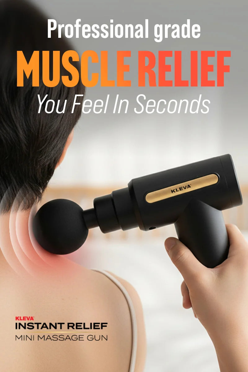Mini massage gun providing professional grade muscle relief on neck and shoulders