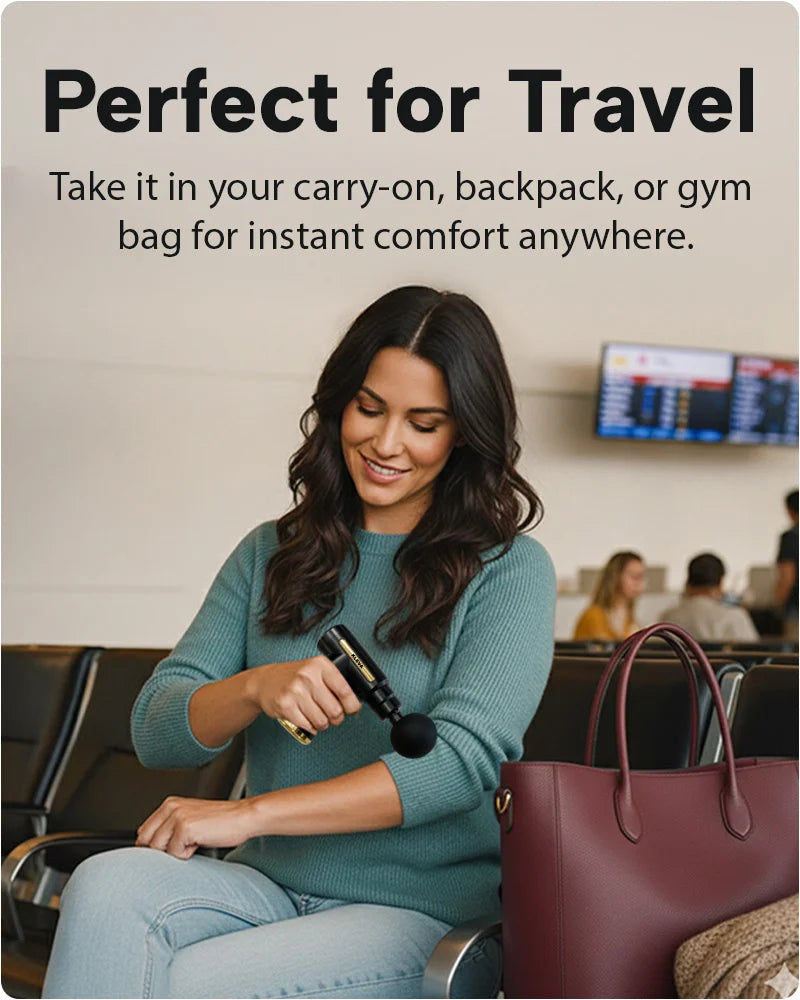 Portable mini massage gun travel banner showing compact deep tissue muscle recovery device