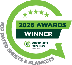 A green circular badge that reads 2026 Awards Winner with five stars above, and ProductReview.com.au logo below. Text on the left says Top Rated Sheets & Blankets.