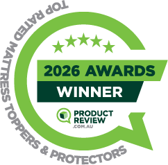 A green and white badge with five stars, text reading “2026 Awards Winner,” and the ProductReview.com.au logo. The border text says “Top Rated Mattress Toppers & Protectors.”.
