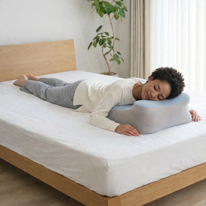 Contoured support pillow for neck and back alignment on mattress