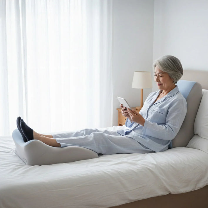 Adjustable back support pillow with leg elevation on bed