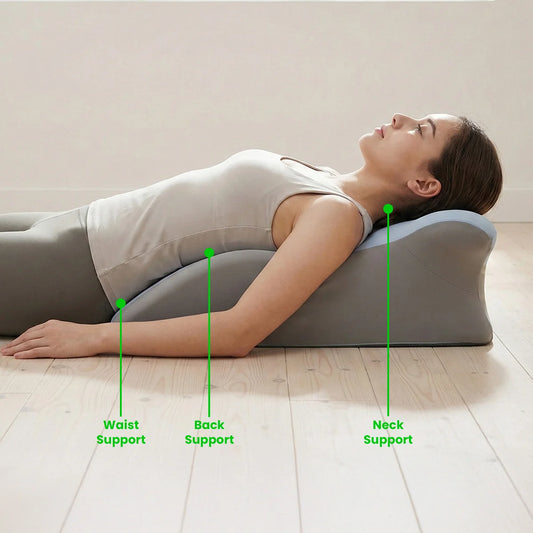 Full body support pillow showing neck back and waist support alignment
