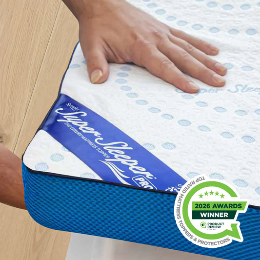 A person presses their hand on a white and blue Super Sleeper Pro #1 Customer Choice Straight 2 Sleep® Mattress Topper with Cooling Technology + Bonus FREE Pillows. A green badge says 2026 Awards Winner, Top Rated Mattress Toppers & Protectors.