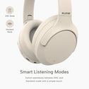 Close-up of beige Kleva Range® AudioUltra Noise Cancelling Wireless Bluetooth Headphones—displays ear cup and headband. Icons show ANC and Standard Modes. Switch easily between premium audio modes with a touch for smart listening.