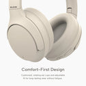 Close-up of Kleva® AudioUltra Noise Cancelling Wireless Bluetooth Headphones by Kleva Range, showing cushioned ear cups and control buttons. Text below highlights comfort-first design, premium audio quality, and long-lasting wear.