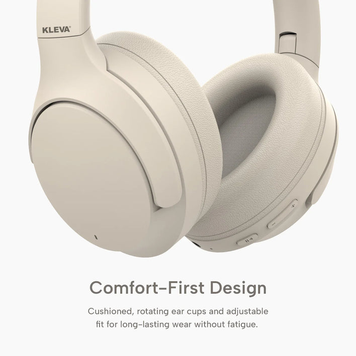 Close-up of Kleva® AudioUltra Noise Cancelling Wireless Bluetooth Headphones by Kleva Range, showing cushioned ear cups and control buttons. Text below highlights comfort-first design, premium audio quality, and long-lasting wear.