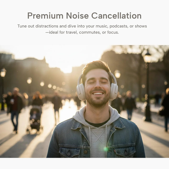 A man enjoys music with Kleva® AudioUltra Noise Cancelling Wireless Bluetooth Headphones by Kleva Range, eyes closed and smiling on a sunlit city street. Unmatched noise cancellation ensures uninterrupted listening amid passing people and city life.