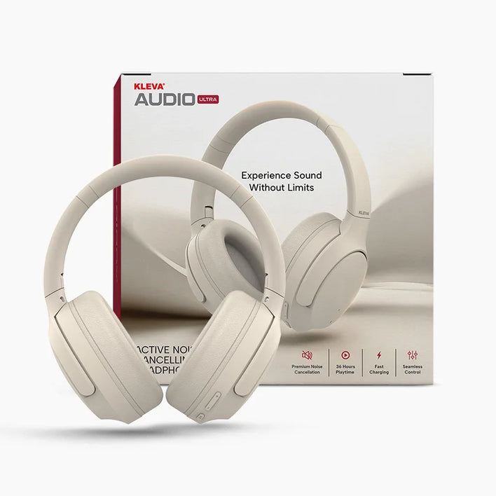 The Kleva® AudioUltra Noise Cancelling Wireless Bluetooth Headphones by Kleva Range are shown in beige, placed before their box featuring premium audio, long battery life, extended playback time, and touch control.