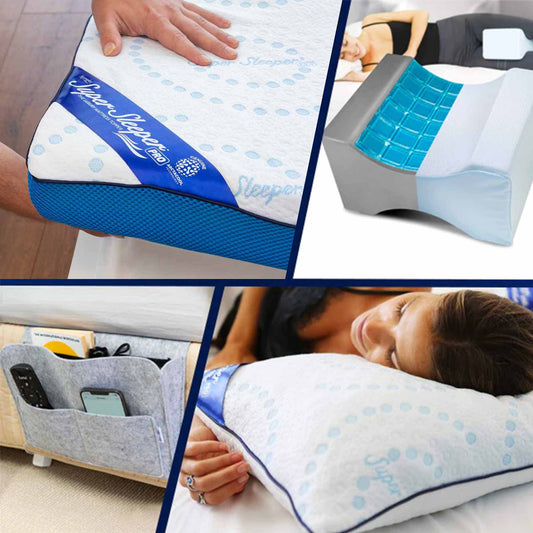 A collage displaying a leg pillow, memory foam pillow, bed buddy and a mattress topper. 