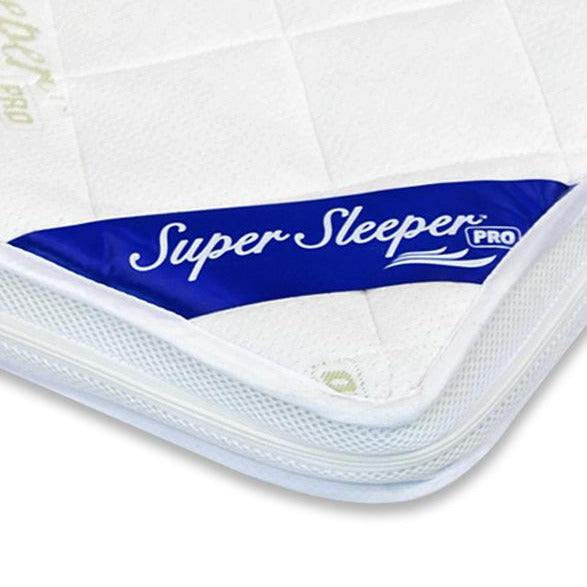 Close-up of the Replacement Cover For Super Sleeper Pro® Wave Topper by Super Sleeper Pro, featuring a quilted bamboo viscose surface, visible white zipper, and a blue Super Sleeper Pro label in the corner.